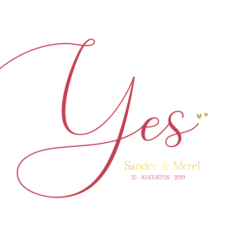 Minimalistische trouwkaart met rode Yes en goudfolie