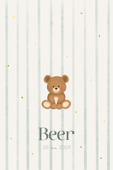 Geboortekaartje jongen strepen met teddybeer en goudfolie