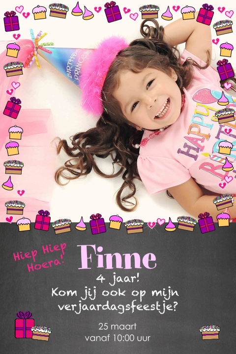 Uitnodiging kinderfeestje foto taartjes en cadeautjes
