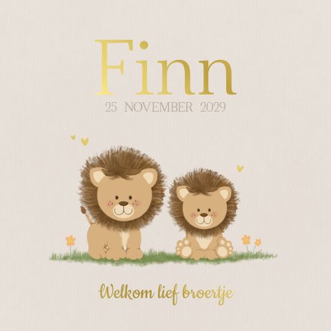 Geboortekaartje Finn met twee leeuwtjes in natuurtinten en goudfolie