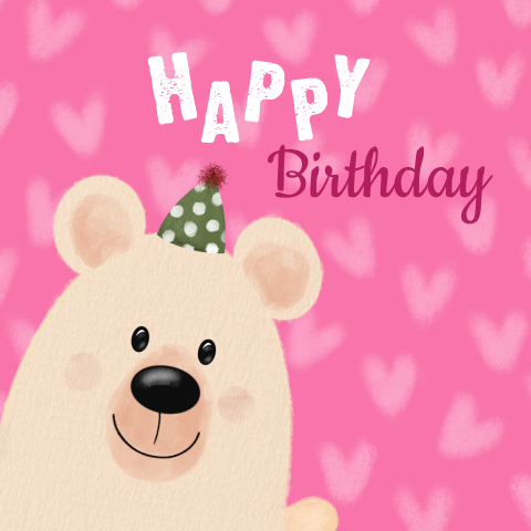 Vrolijke verjaardagskaart met lieve beer met feesthoed