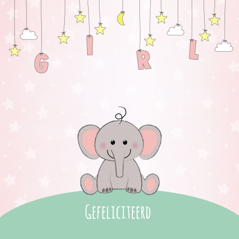 Schattige felicitatiekaart geboorte meisje met een olifantje
