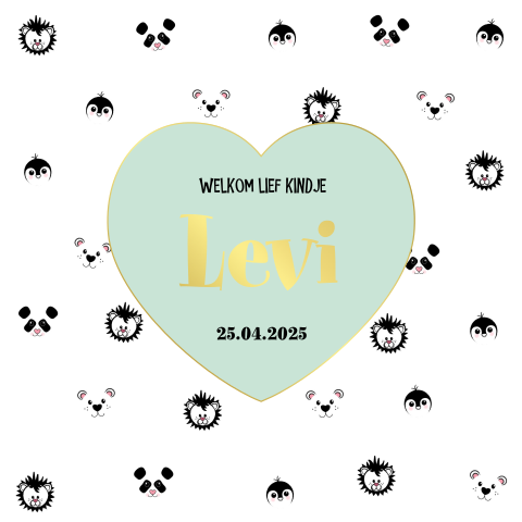 Stoere geboortekaart met dierenpatroon een hart en goudfolie