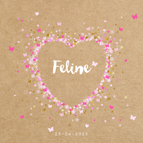 Geboortekaart kraft met hart van bloemen vlinders en hartjes. Feline