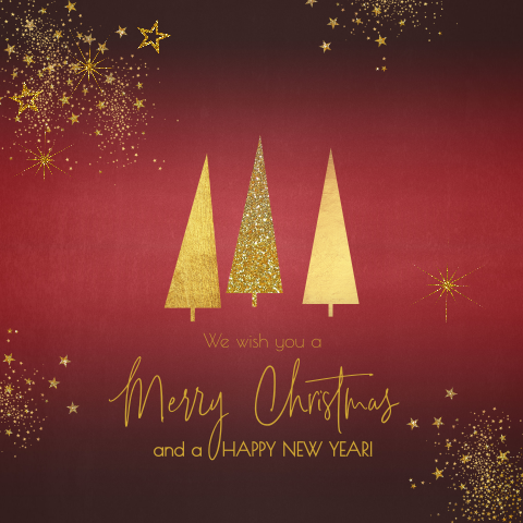 Stijlvolle rode kerstkaart met goudkleurige kerstbomen en sterren