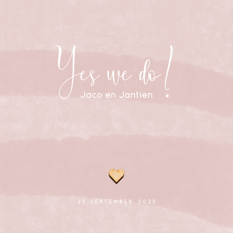 Trouwkaart ronde hoeken roze en echt houten hartje