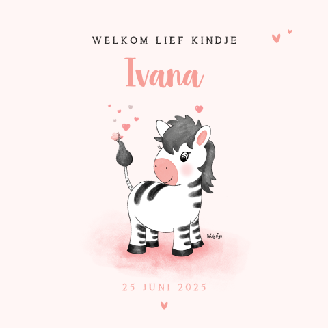 Schattig geboortekaartje meisje tekening zebra, vlinder en hartjes