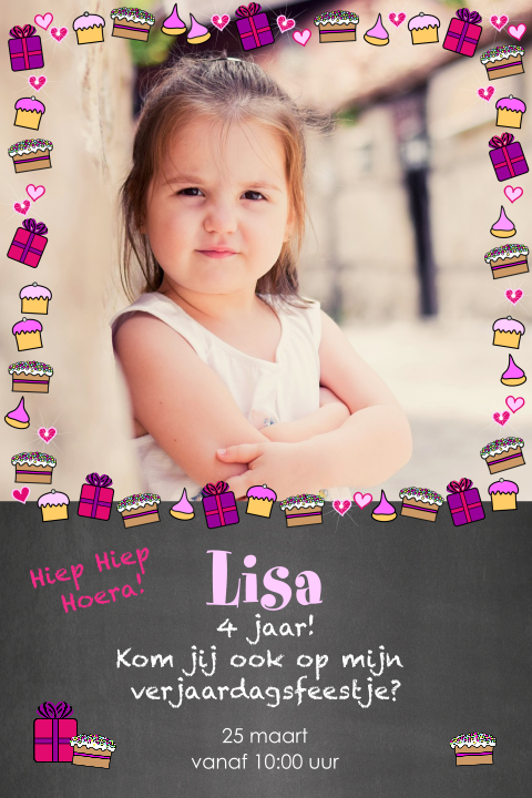 Uitnodiging kinderfeestje foto met taartjes en cadeautjes