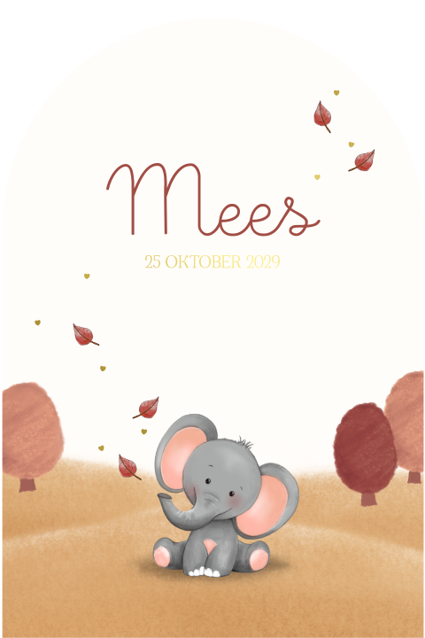 Boogvorm geboortekaartje herfst met lief olifantje