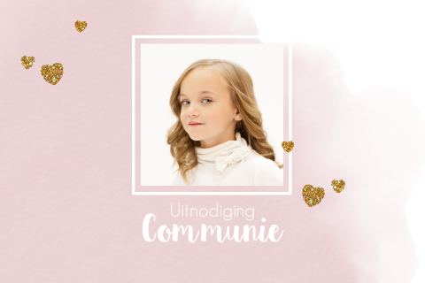 Communie uitnodiging met foto roze waterverf en hartjes