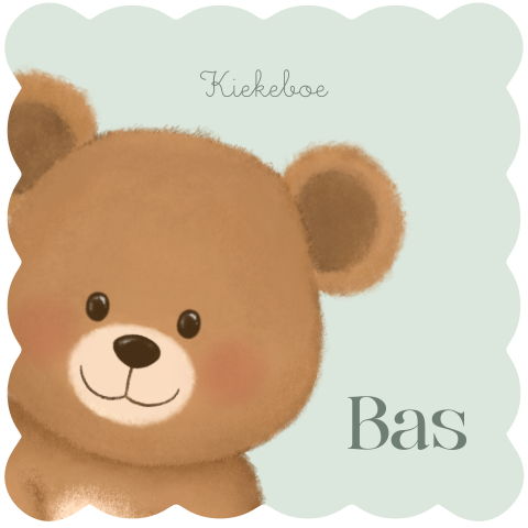 Geboortekaartje jongen met teddybeer en golfrand in zacht groen – Bas