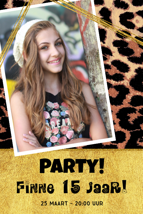 Stoere verjaardagsuitnodiging met foto panterprint goud en lintjes