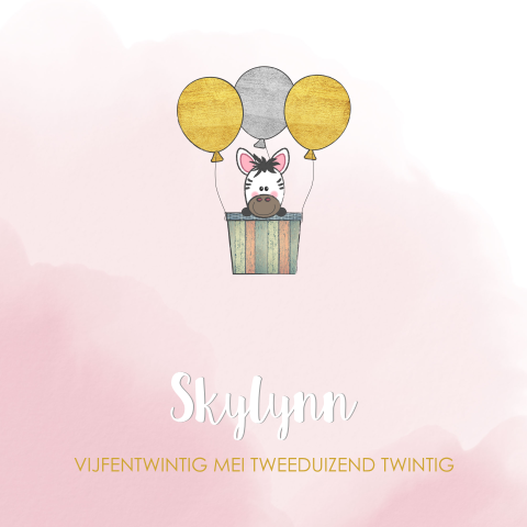 Geboortekaart roze waterverf zebra in luchtballon Skylynn