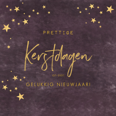 Kerstkaart paars gemêleerd met goudkleurige sterren