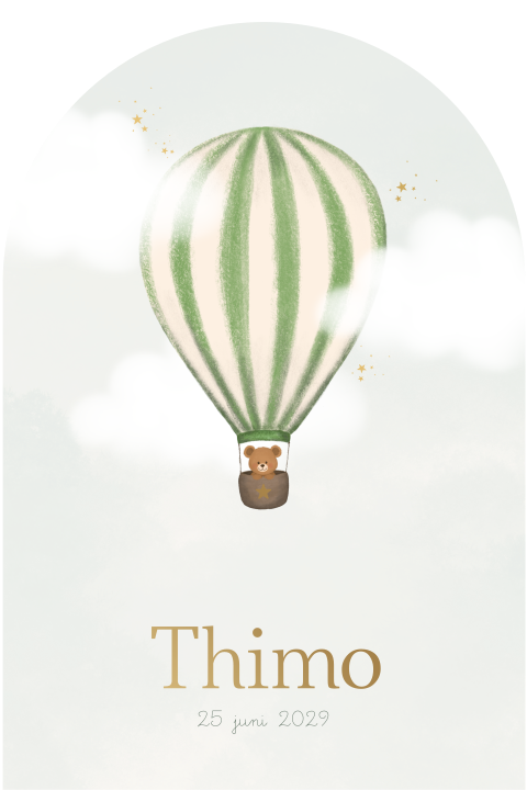 Geboortekaartje boogvorm luchtballon met beertje en mat goudfolie