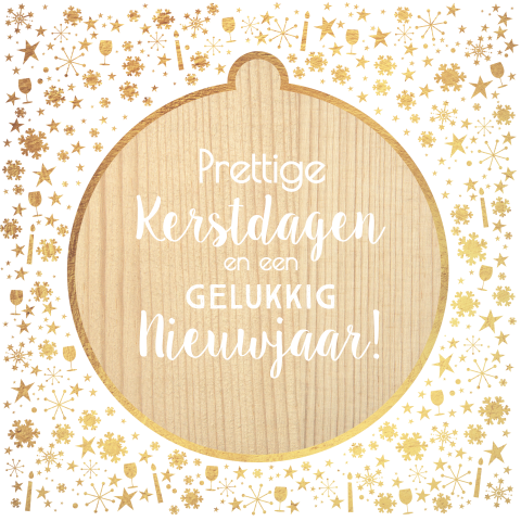 Moderne witte kerstkaart met goud elementjes en kerstbal van hout