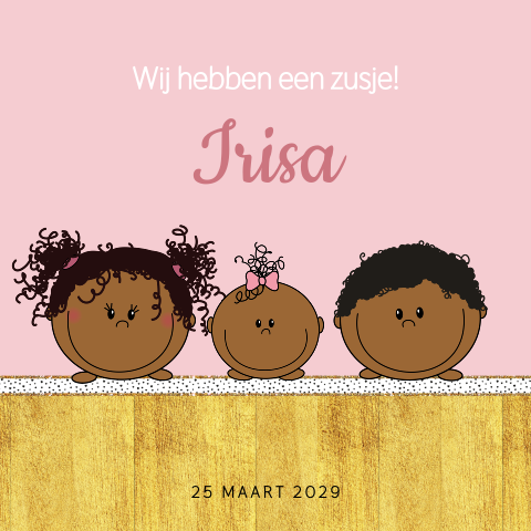 Leuk roze geboortekaartje meisje zusje broertje Irisa