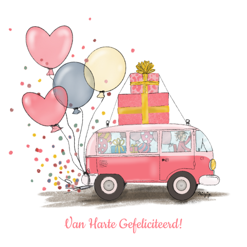 Feestelijke verjaardagskaart vrouw volkswagen busje met ballonnen