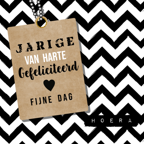 Verjaardagskaart zwartwit zigzag met kraft label
