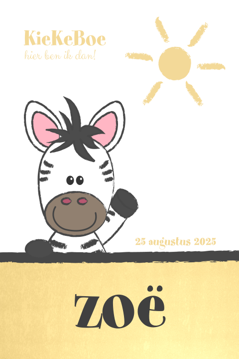 Geboortekaart zomers zebra met zon Zoë