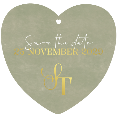 Save the date kaart olijfgroen met goudfolie monogram - Olive and Gold