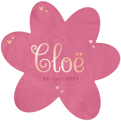 Uniek geboortekaartje meisje in bloemvorm met rosegoudfolie