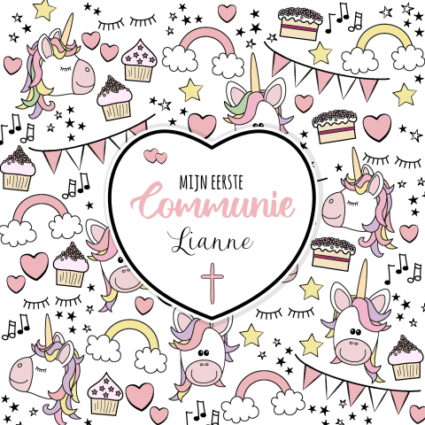 Uitnodiging communie unicorn cupcakes sterren en hartjes