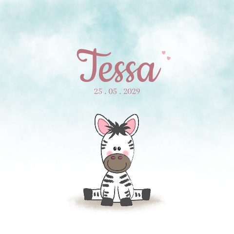 Lief geboortekaartje met zebra en roze hartjes – zacht & modern