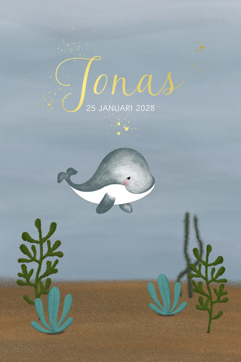 Lief geboortekaartje met walvis in de zee en goudfolie