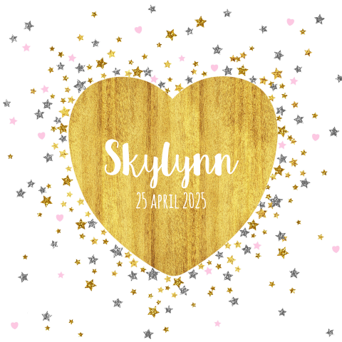 Hippe geboortekaart gouden hart met sterren Skylynn