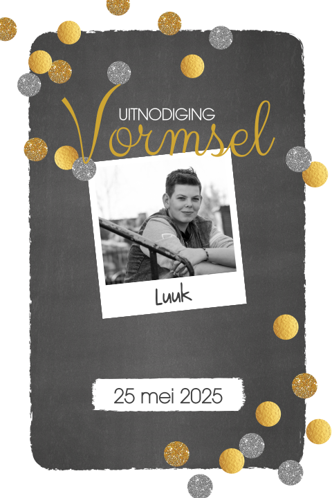 Uitnodiging Vormsel met foto krijtbord en confetti
