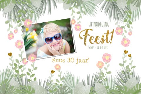 Uitnodiging verjaardag met eigen foto botanica planten en roze bloemen