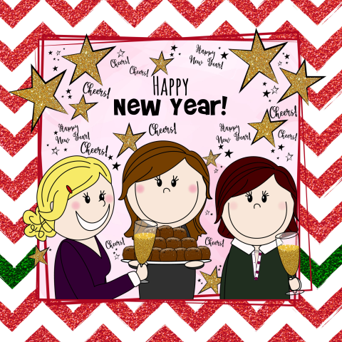 Vrolijke nieuwjaarskaart Party Girls oliebollen en champagne