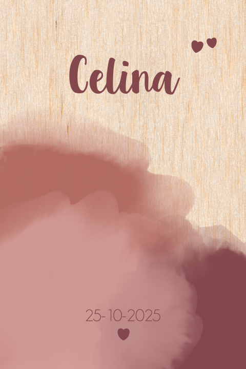 HOUT Geboortekaart stijlvol waterverf hartjes Celina