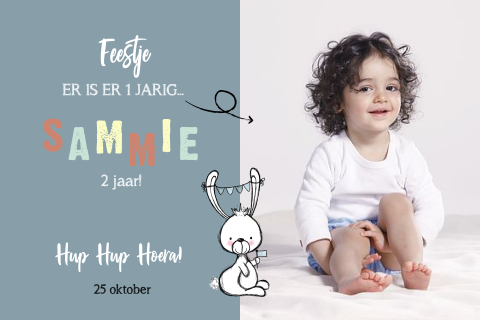 Uitnodiging kinderverjaardag met een foto en konijntje