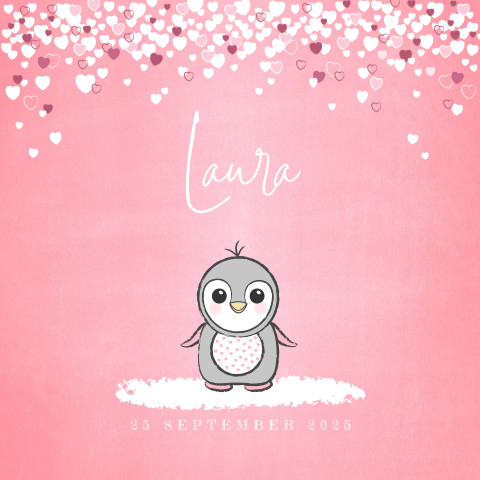Geboortekaart roze met vele hartjes en een pinguïn Laura