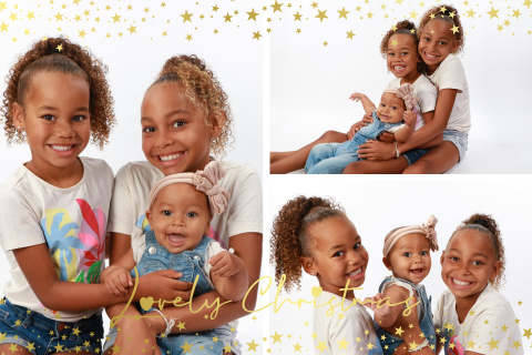 Kerstkaart met fotocollage met sprankelende goudfolie sterren