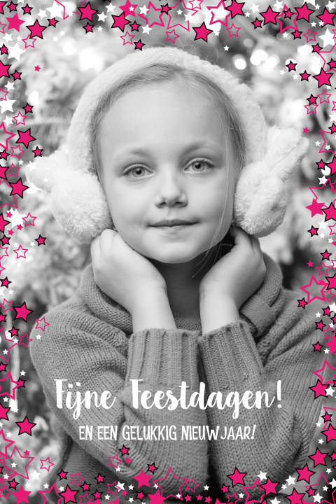 Foto kerstkaart met vrolijk fotokader roze en witte sterren