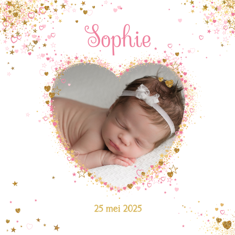 Geboortekaart foto in een hart van hartjes en sterren Sophie