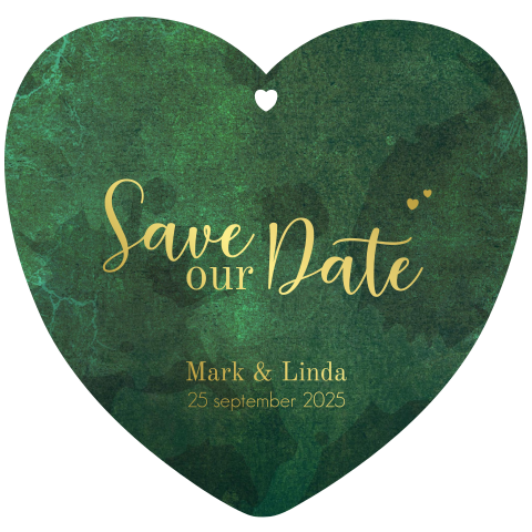 Save the Date stijlvol donkergroen in vorm van een hartje