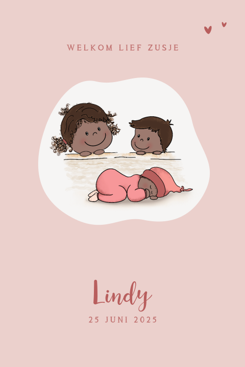 Geboortekaartje derde kindje met tekening zus broer en baby meisje