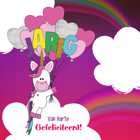 Vrolijke verjaardagskaart unicorn met ballonnen in de wolken