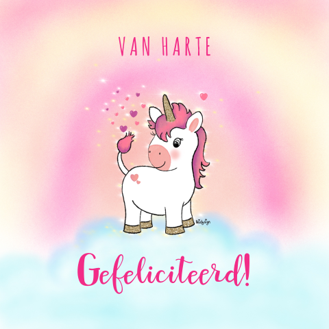 Vrolijke verjaardagskaar meisje met een unicorn en een regenboog