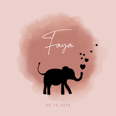 Geboortekaart roze waterverf en een silhouet olifant