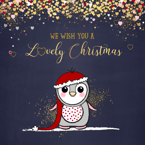 Sierlijke kerstkaart schattige pinguïn en hartjes