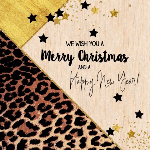 Houten kerstkaart met panterprint en sterretjes