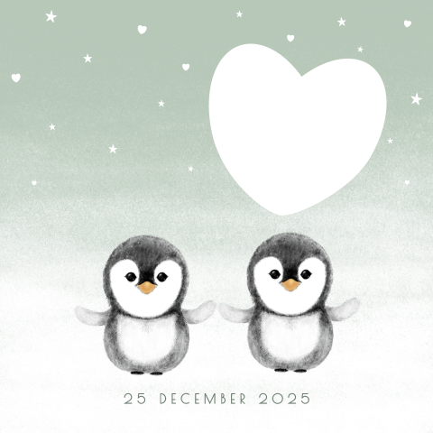 Geboortekaartje tweeling met pinguïn en hartjes doorkijkje