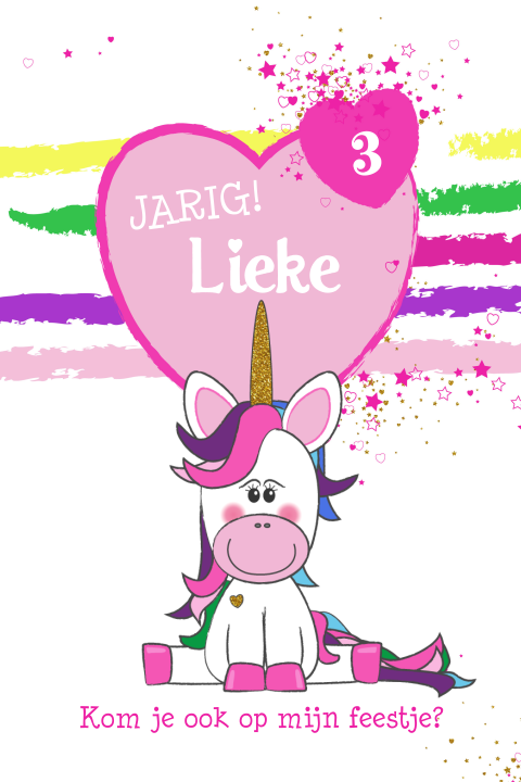 Uitnodiging kinderfeest meisje unicorn hartje regenboogkleuren