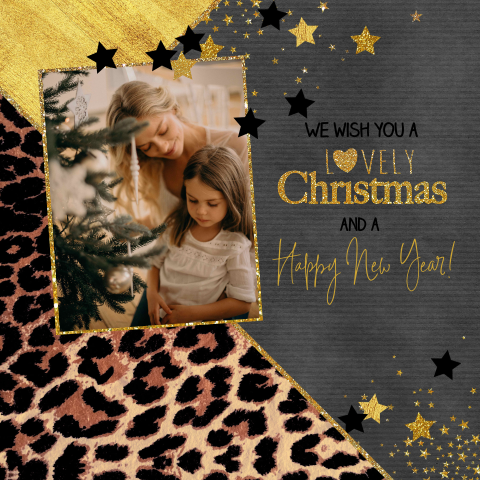 Trendy kerstkaart met eigen foto panterprint en sterren