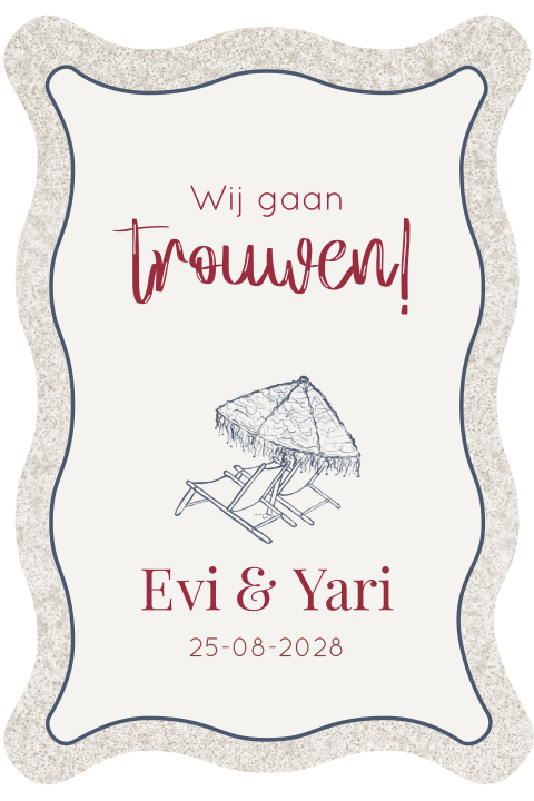 Bohemian trouwkaart met strandillustratie en golvende rand